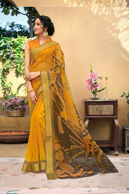 couleur jaune musturd art Chanderi saris en soie