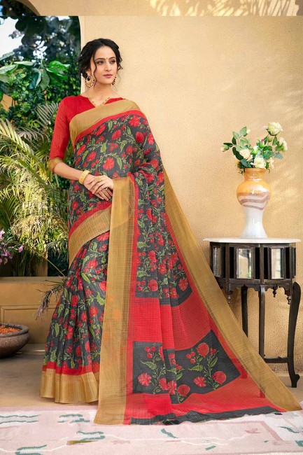 gris et couleur rouge art Chanderi saris en soie