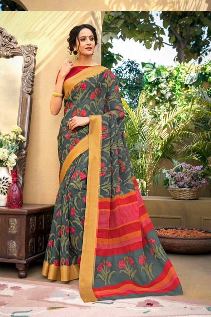 gris et couleur rouge art Chanderi saris en soie