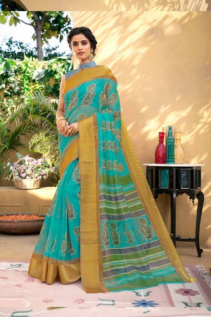 couleur bleu ciel art Chanderi saris en soie