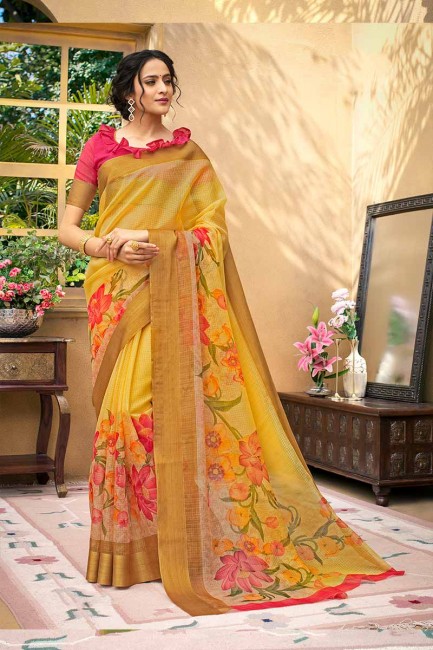 couleur jaune art Chanderi saris en soie