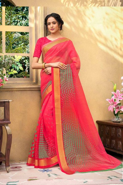 fushchia couleur rose art Chanderi saris en soie