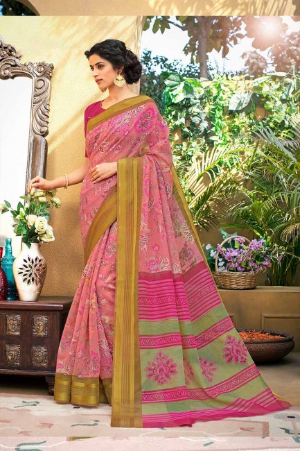 couleur rose art Chanderi saris en soie