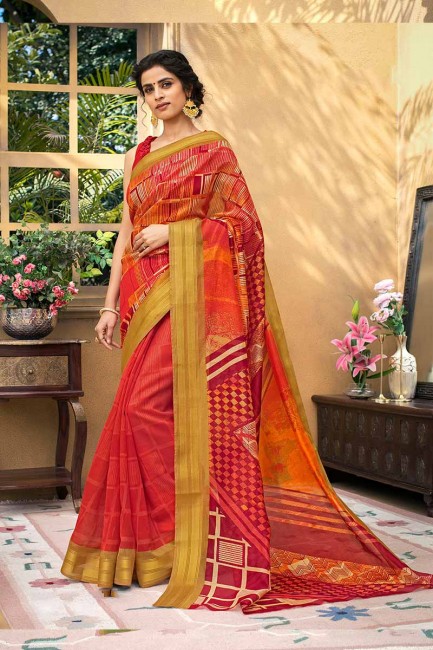 couleur rouge art Chanderi saris en soie