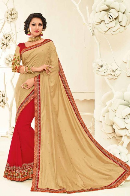 beige & art couleur rouge soie et georgette sari