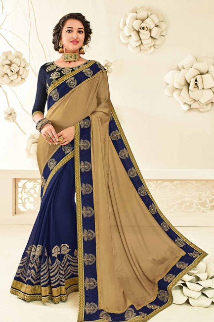 beige et couleur bleu marine georgette & mousseline sari