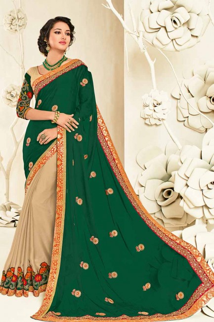 mousseline de couleur verte et beige sari