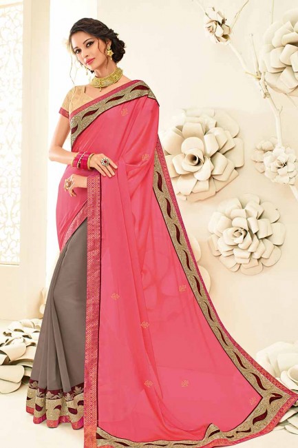 rose et gris georgette sari