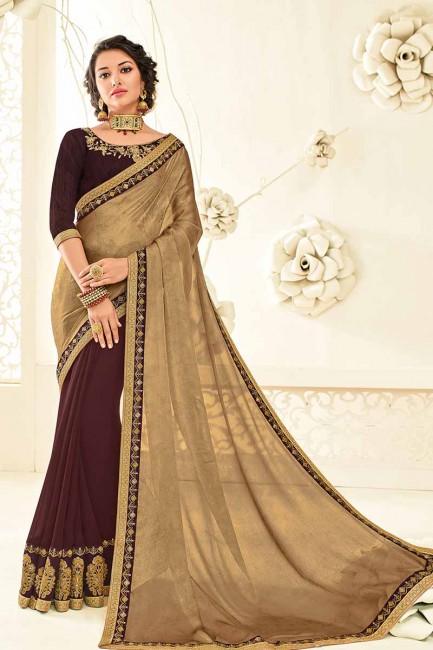 couleur dorée et brun georgette & mousseline sari