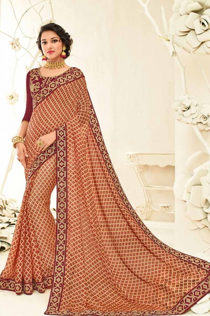 beige et couleur rouge georgette sari