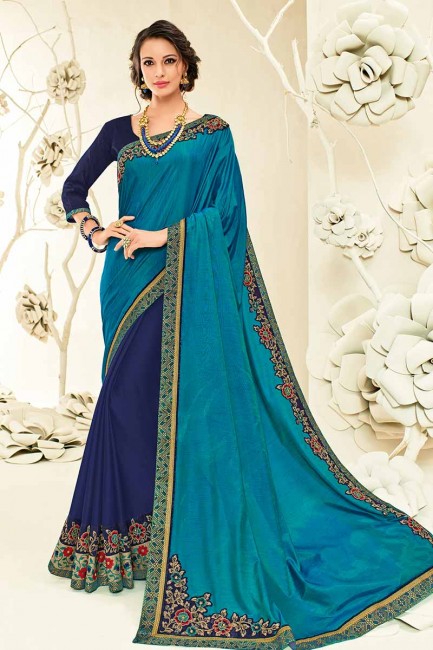 bleu marine & art couleur bleu soie et mousseline sari