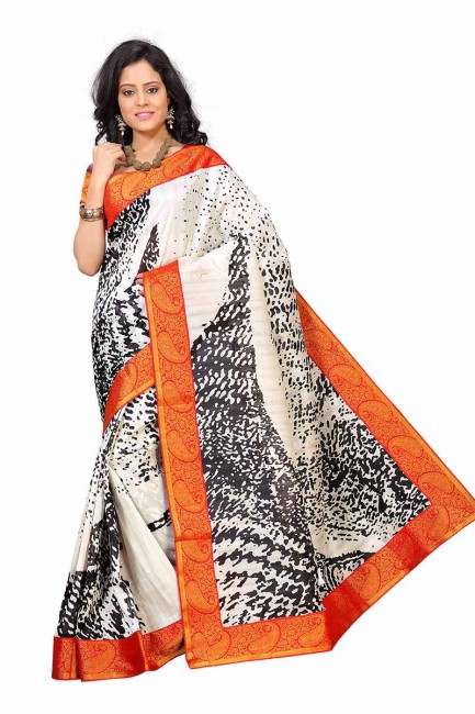 blanc et orange art saris en soie