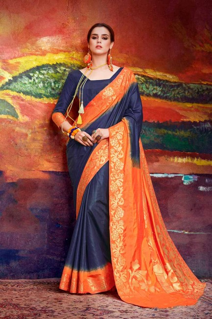 bleu marine & art nylon orange soie sari