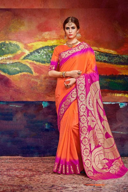 orange et Rani art nylon couleur rose saris en soie