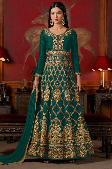 art couleur vert sarcelle costume de soie Anarkali