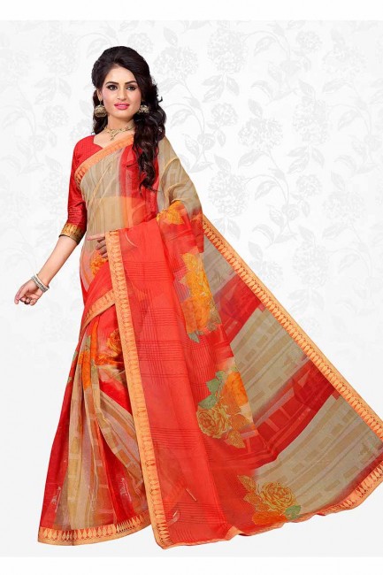 beige et orange sari en soie de coton