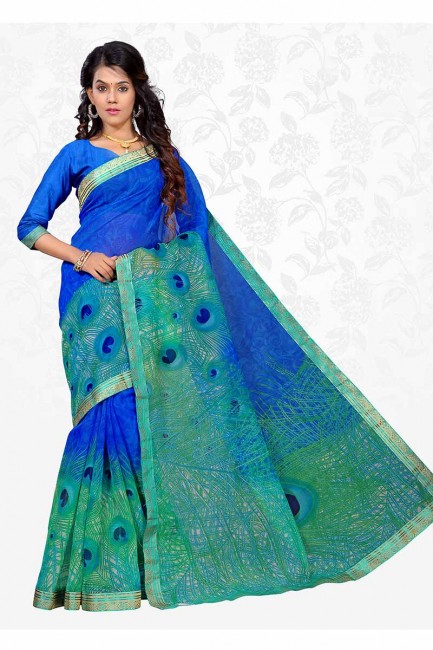 bleu et coton couleur verte mer saris en soie