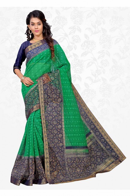 couleur verte sari de soie de coton