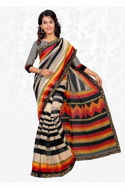 crème et couleur noire sari de soie de coton