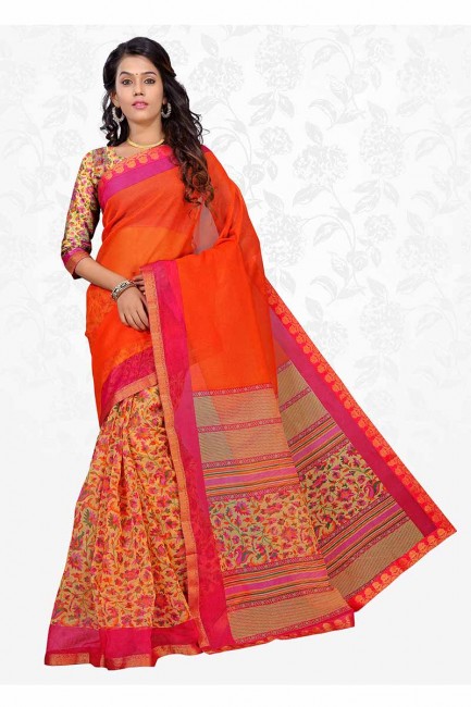orange et coton multi couleur saris en soie