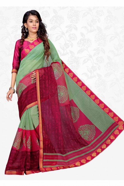 couleur rose pastel vert foncé et sari de soie de coton