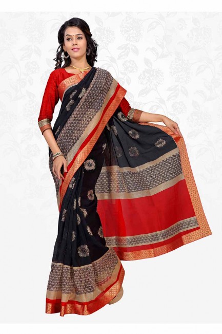 couleur noir et rouge sari de soie de coton