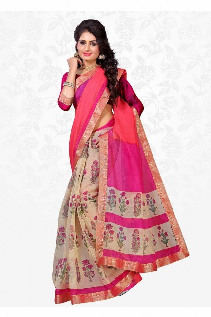 rose et couleur blanc cassé sari de soie de coton