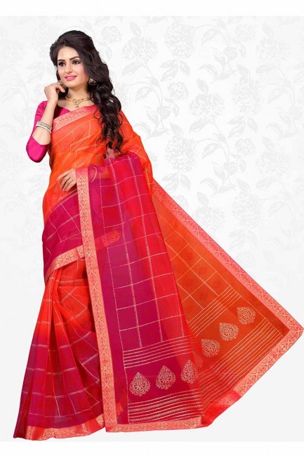 orange et couleur rose foncé sari de soie de coton