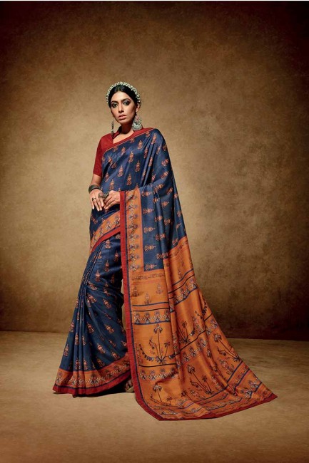 couleur bleue tussar sari de soie art