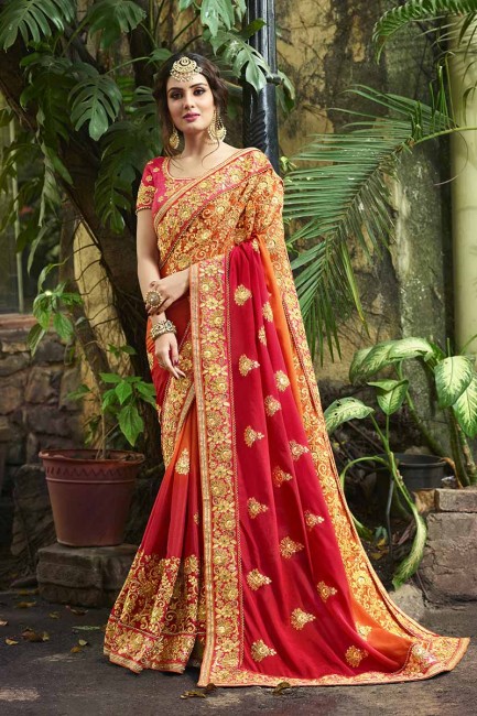 orange et couleur rose foncé art saris en soie
