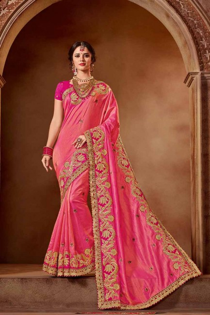 sombre couleur rose Chanderi sari de soie