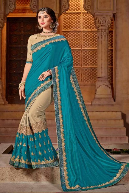 art couleur bleu et beige soie et lycra sari