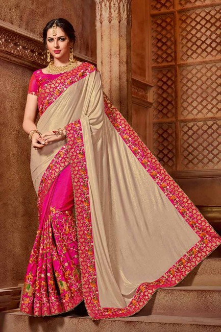 beige et fuschia de couleur rose lycra & art saris en soie