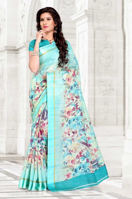 Aqua couleur bleue sari de coton Chanderi
