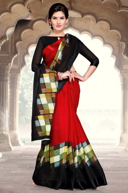 couleur rouge Chanderi sari de coton
