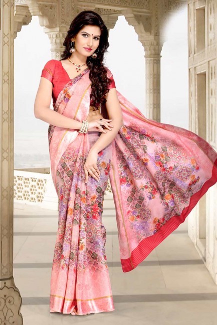 bébé couleur rose sari de coton Chanderi