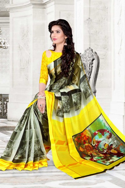 gris et couleur jaune Chanderi coton sari