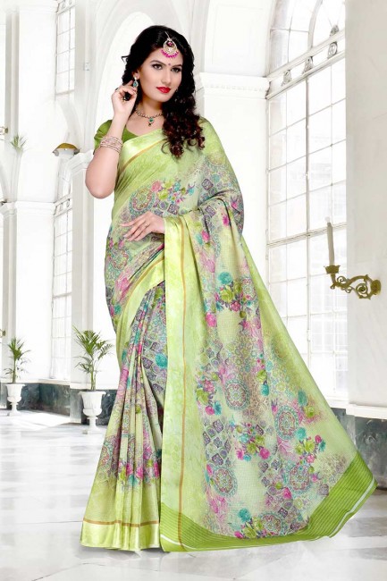 couleur vert pastel Chanderi sari en coton