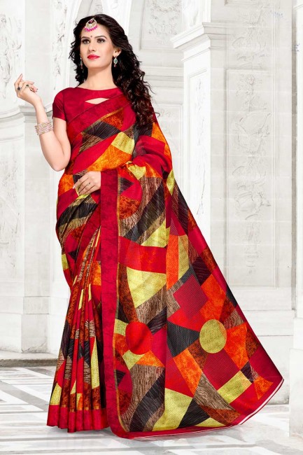 couleur marron Chanderi sari en coton