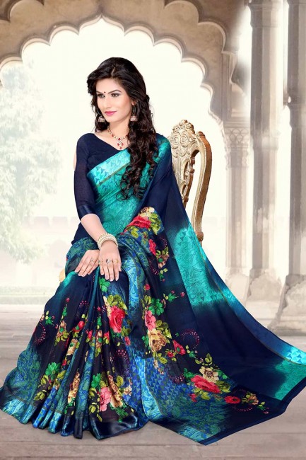 couleur bleu marine sari en coton Chanderi