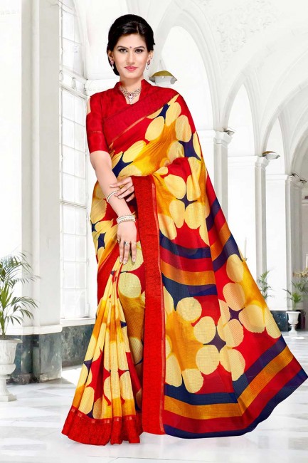 couleur jaune et rouge Chanderi sari de coton