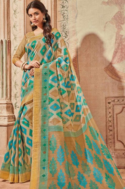 beige et bleu art saris en soie