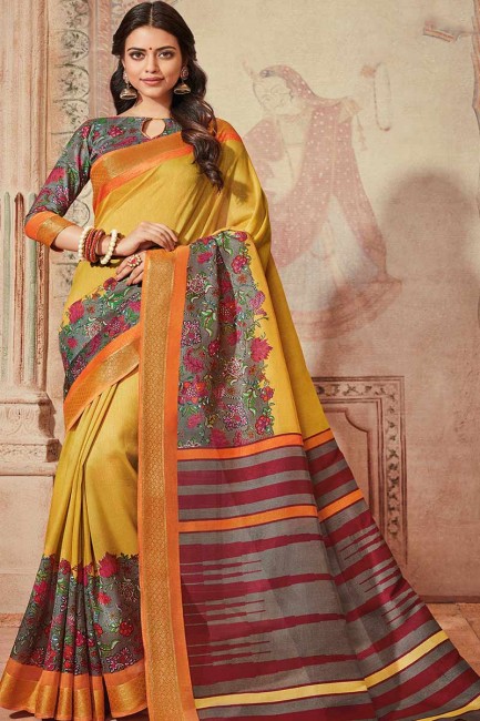 art couleur jaune et gris soie sari