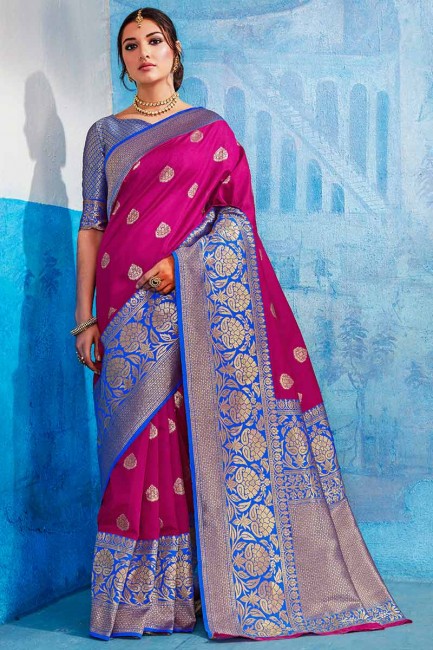 couleur rose foncé handloom sari de soie d'art