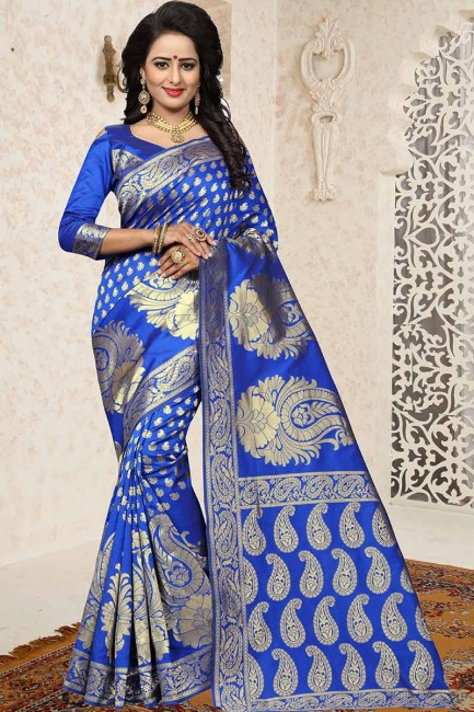 royale couleur bleue Banarasi sari de soie art
