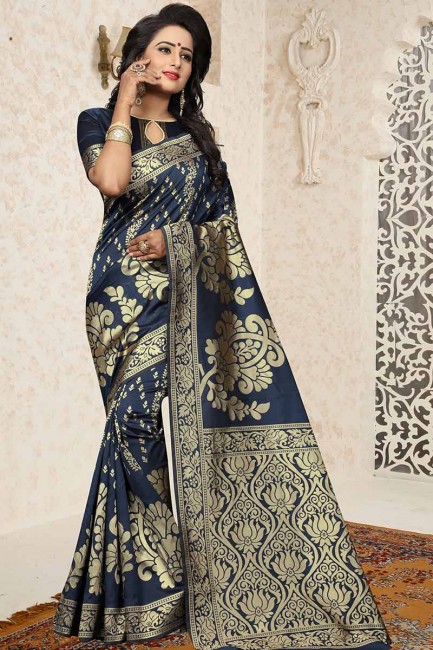 couleur bleu marine Banarasi art saris en soie