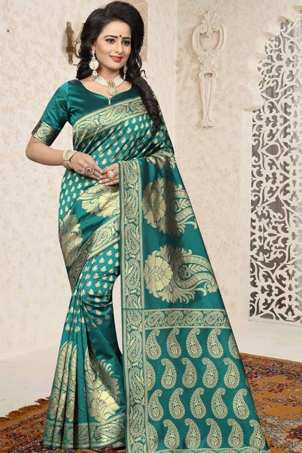 sarcelle couleur bleue Banarasi sari de soie art