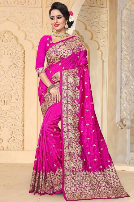 magenta couleur rose sari de soie d'art