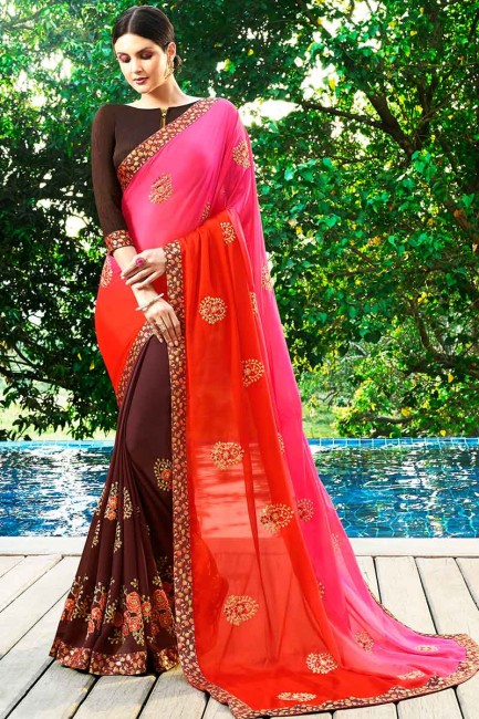 rose, orange et brun georgette sari