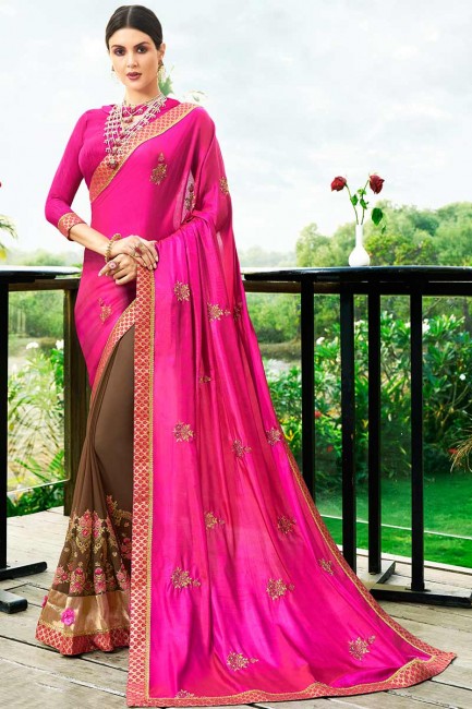 rose chaud et couleur marron en satin de soie et georgette sari